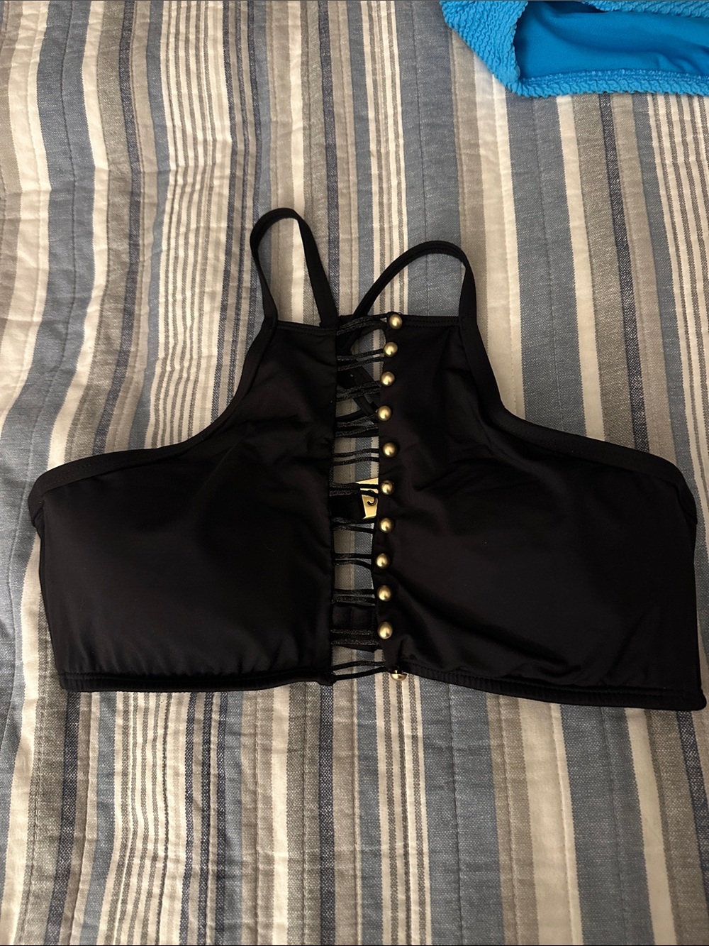 Kenneth Cole Black High Neck Lace-Up Bikini Top with Gold Beads